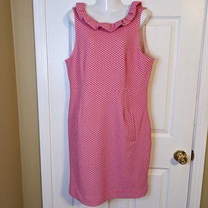 Tyler Boe Pink & White Sleeveless Round Ruffle Neckline Stretch Midi Dress-L NWT